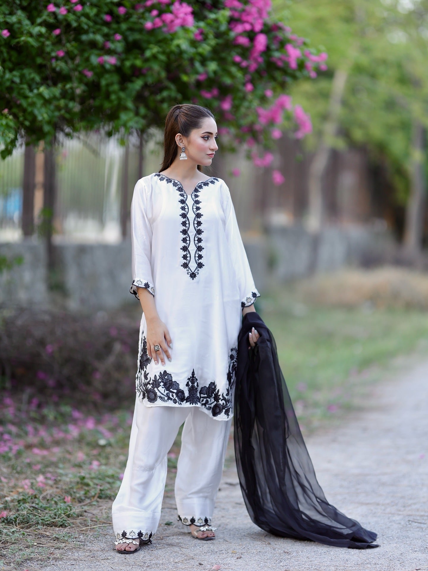 White Embroidered 3-piece suit-black $ ivory